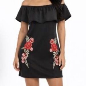 Jasmine Black Off-Shoulder Mini Dress with Red Floral Design Women’s L Stretch